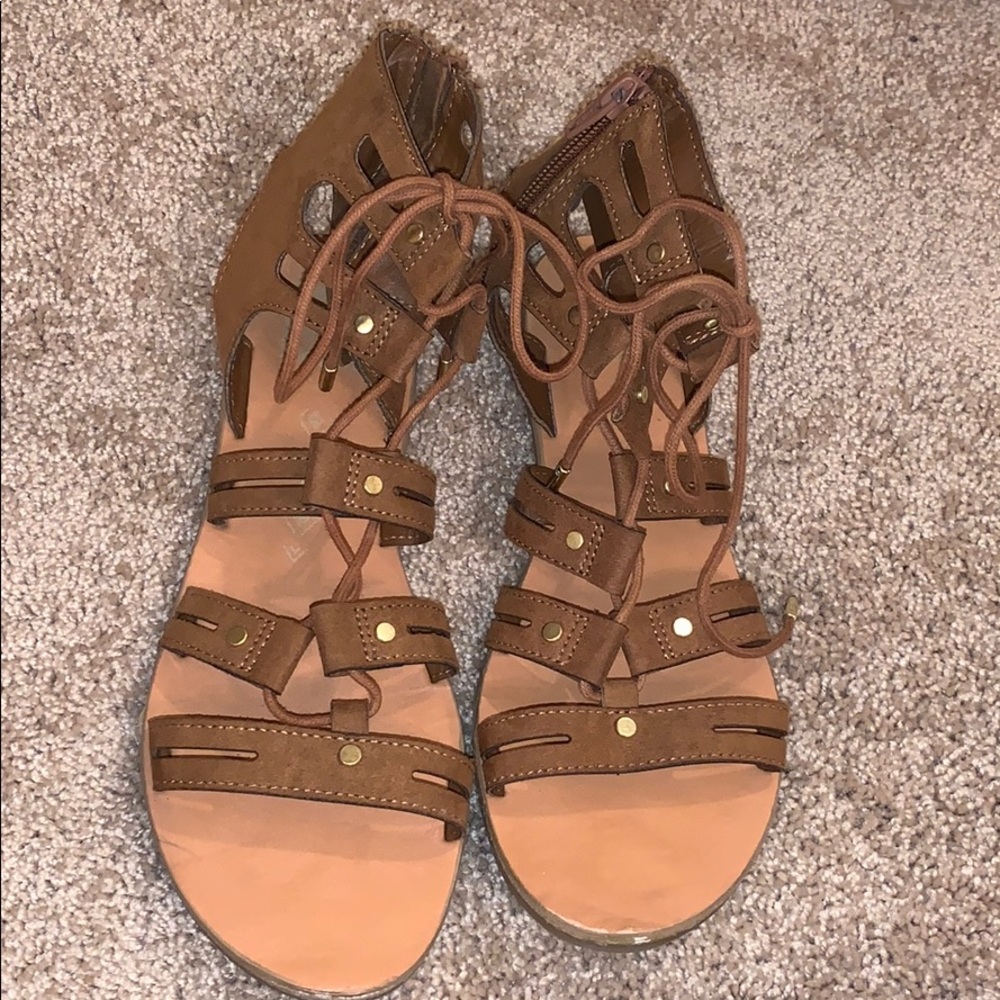 Brown and gold lace up sandals